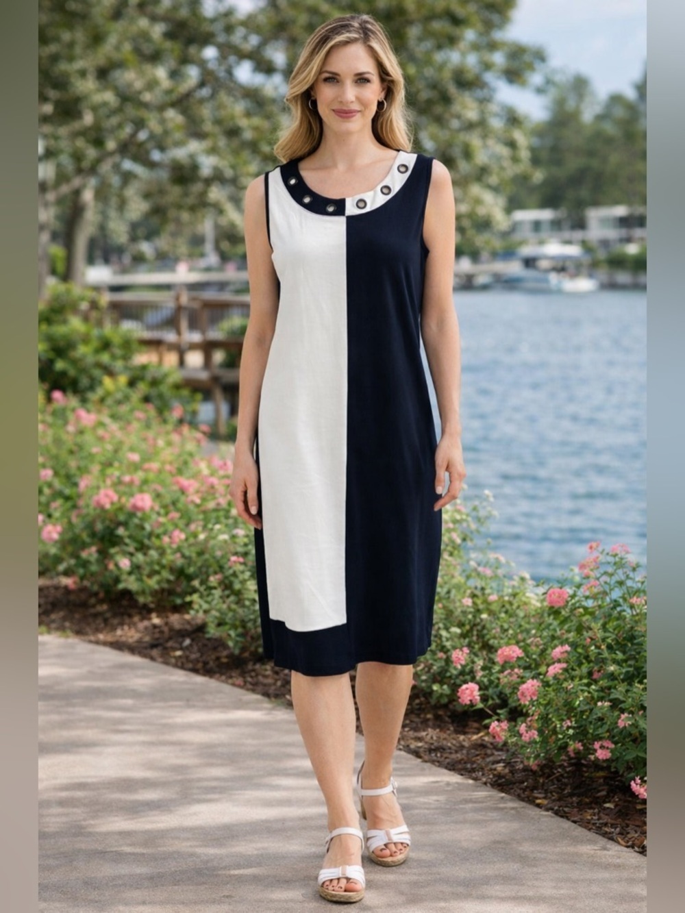 ZOE Color Block Sleeveless Shift Dress Grommet Neck Black & WhiteSize L